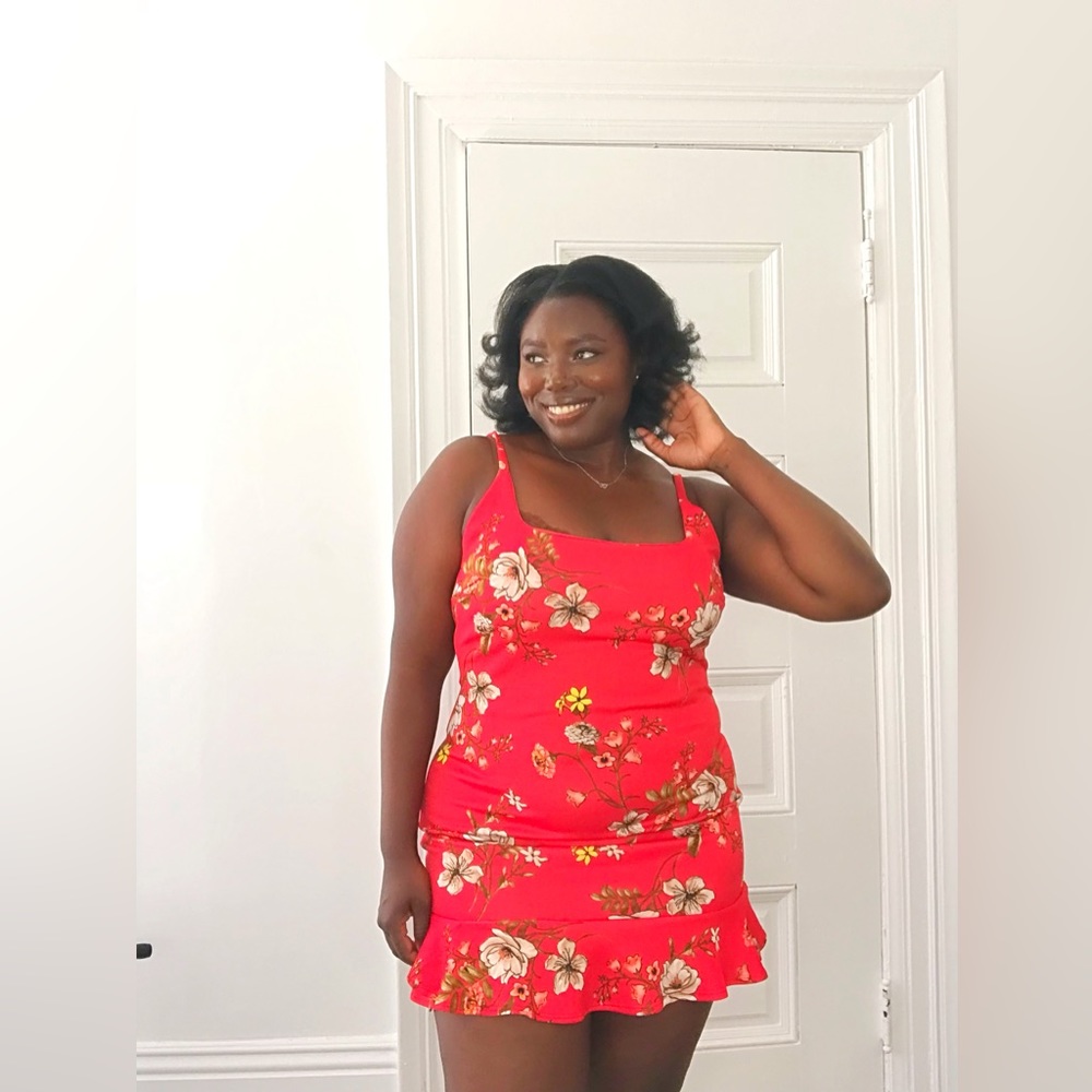Vivid Red Square Neck Floral Ruffle Dress with Accent Yellow Flowers size XL